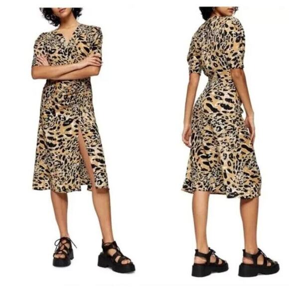 TOPSHOP Leopard Print Mock Wrap Midi Puffed Sleeves Dress Size 6 Preppy Punk - Picture 1 of 9